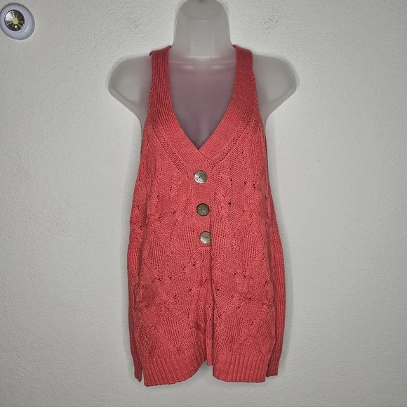 NWT Sundance Boho Coral Kenzie Cable Knit Sweater Vest Tank Cotton Blend L - Picture 1 of 7